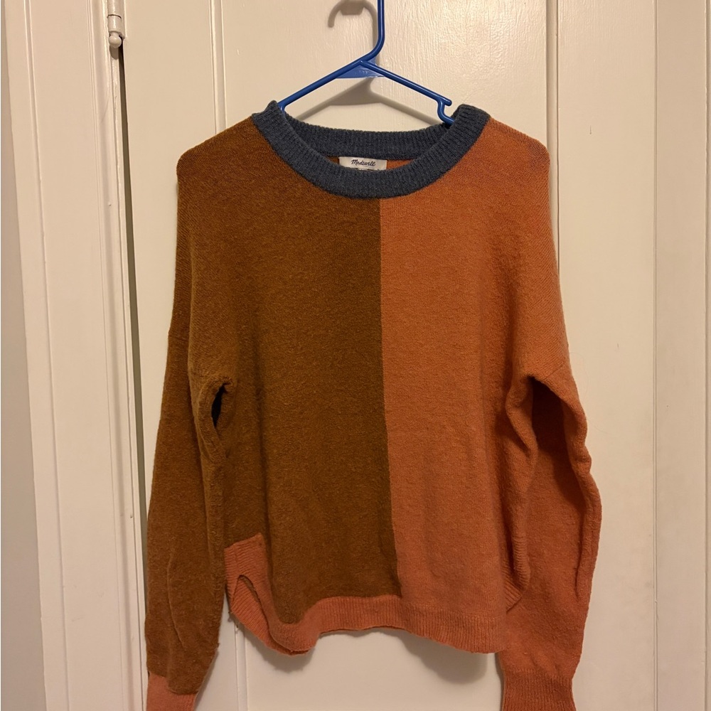 Madewell Two-Tone Crewneck Sweater in Rust & Olive with Navy Trim